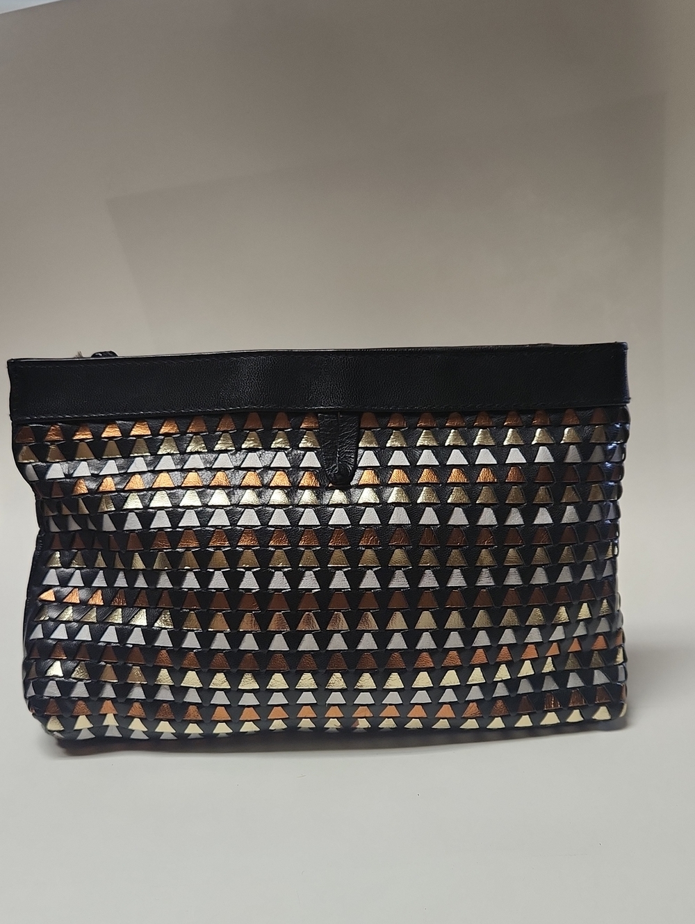 Black Leather Metallic Triangle Weave Clutch
